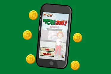 Handyspiel mit Spielfigur und Münzen